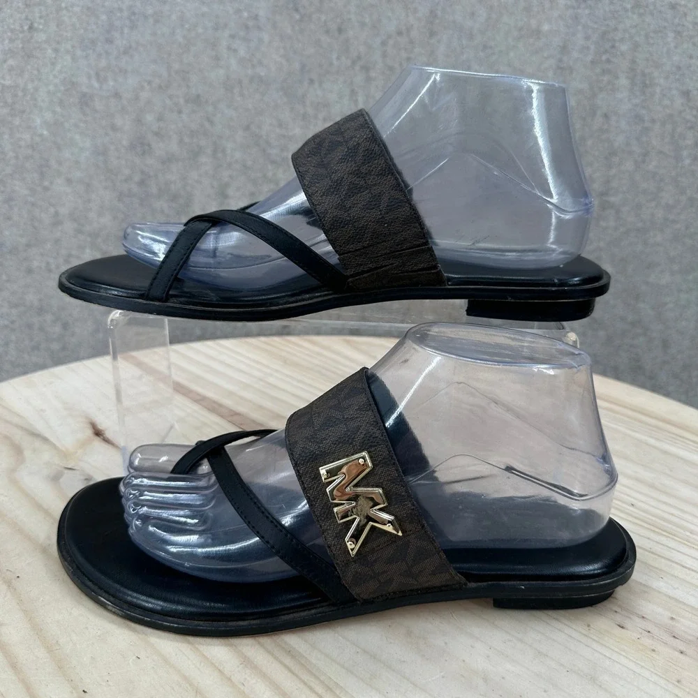Michael Kors Sidney Flat Sandals Womens 8.5M Brown Black Logo Thong Slide